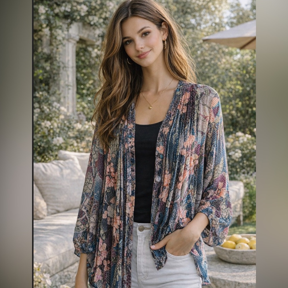 Floral silky Blouse kimono jacket pleat open front button vneck pink blue cardi